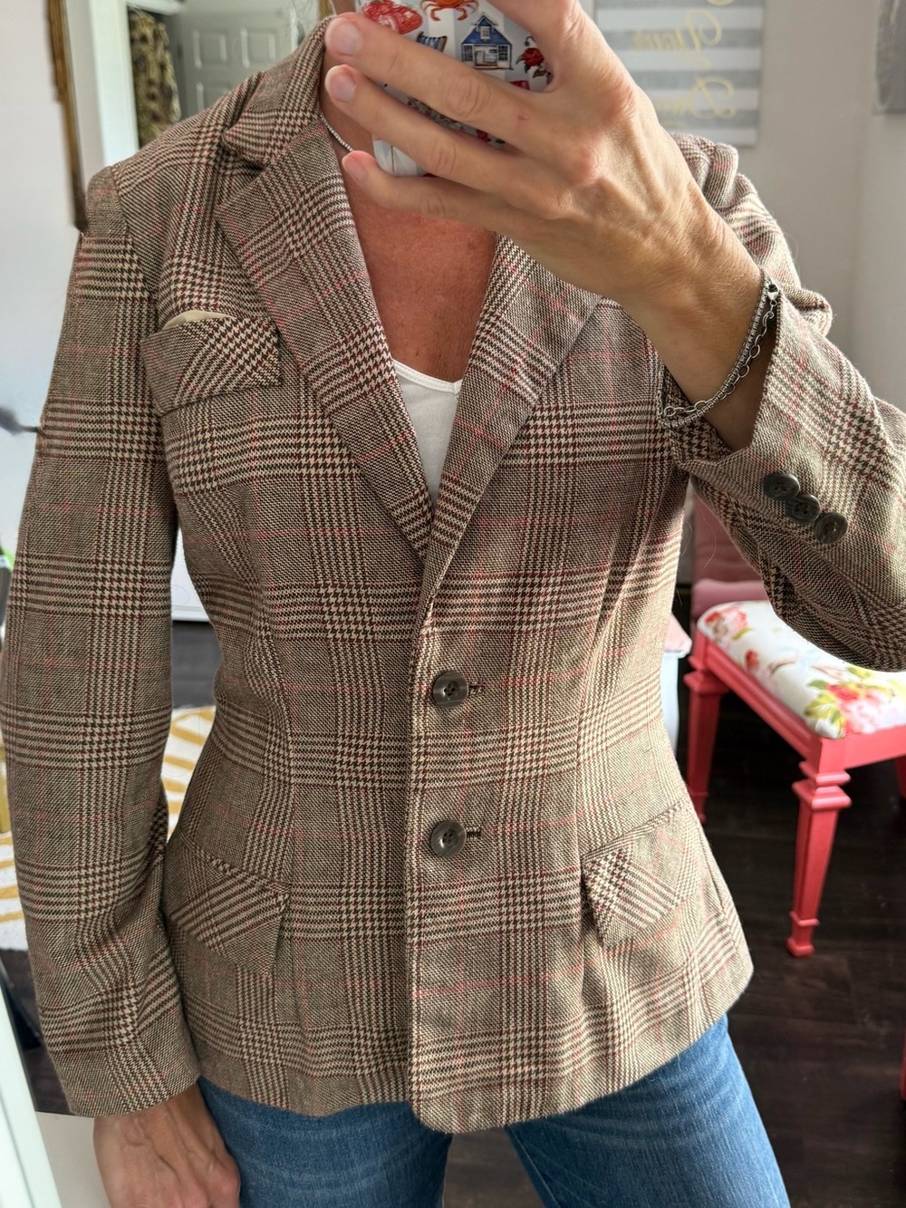 Vintage Glen Plaid Tailored Blazer Brown Pink Prince of Wales Check Preppy Jacke